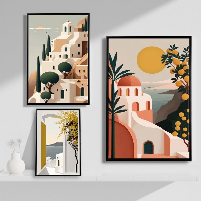 Greece Santorini Island hanging painting / Made in Taiwan / Solid wood decorative painting / Frameless painting - โปสเตอร์ - ไม้ 