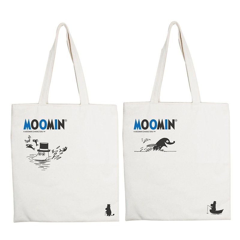 Moomin authorization - Fishing - handheld shopping bag (beige / Linen Huang) - กระเป๋าถือ - ผ้าฝ้าย/ผ้าลินิน ขาว