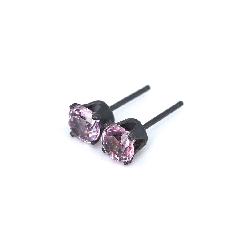 Padparadscha Sapphire Black Earrings - Oxidised Sterling Silver - 5mm Round - Earrings & Clip-ons - Other Metals Pink