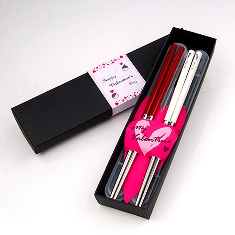台湾初の箸。バレンタインデーギフトセット。赤と白の恋人を箸のグループに（レタリングを含む） - 箸・箸置き - 金属 レッド
