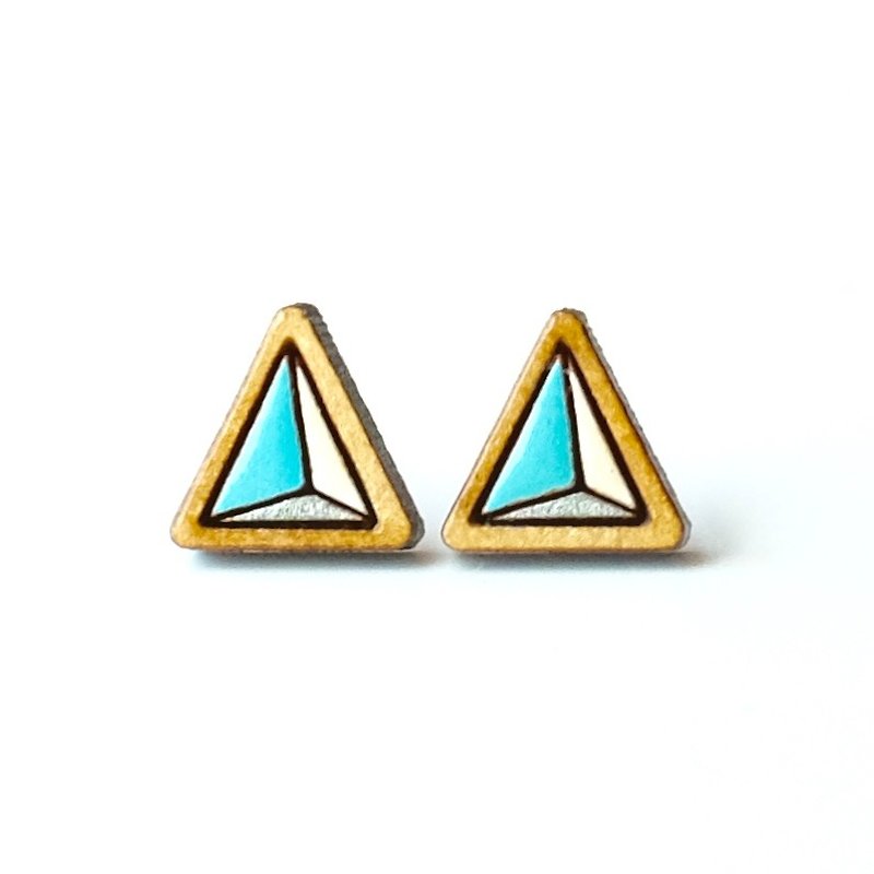 彩繪木耳環-三分三角形(粉藍) - 耳環/耳夾 - 木頭 藍色