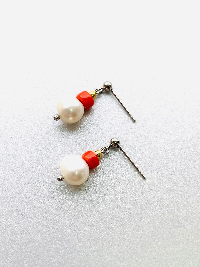 淡水珍珠、海竹珊瑚、316L不鏽鋼耳針 - 耳環/耳夾 - 珍珠 白色