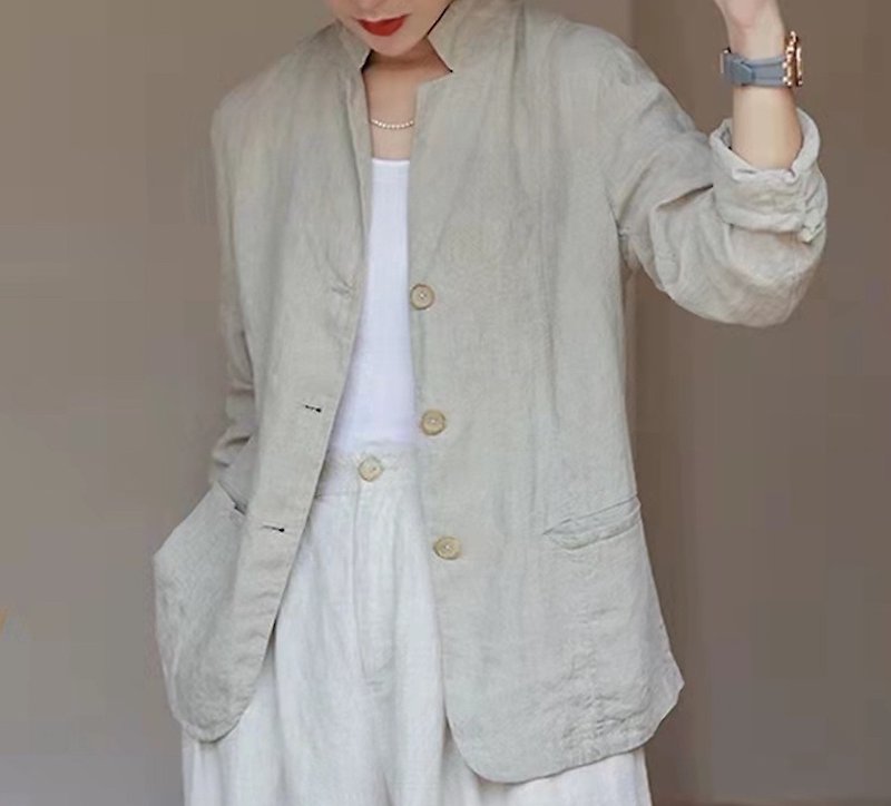 Double Rain Dew Linen Washed Long Sleeve Casual Jacket - เสื้อแจ็คเก็ต - ผ้าฝ้าย/ผ้าลินิน 