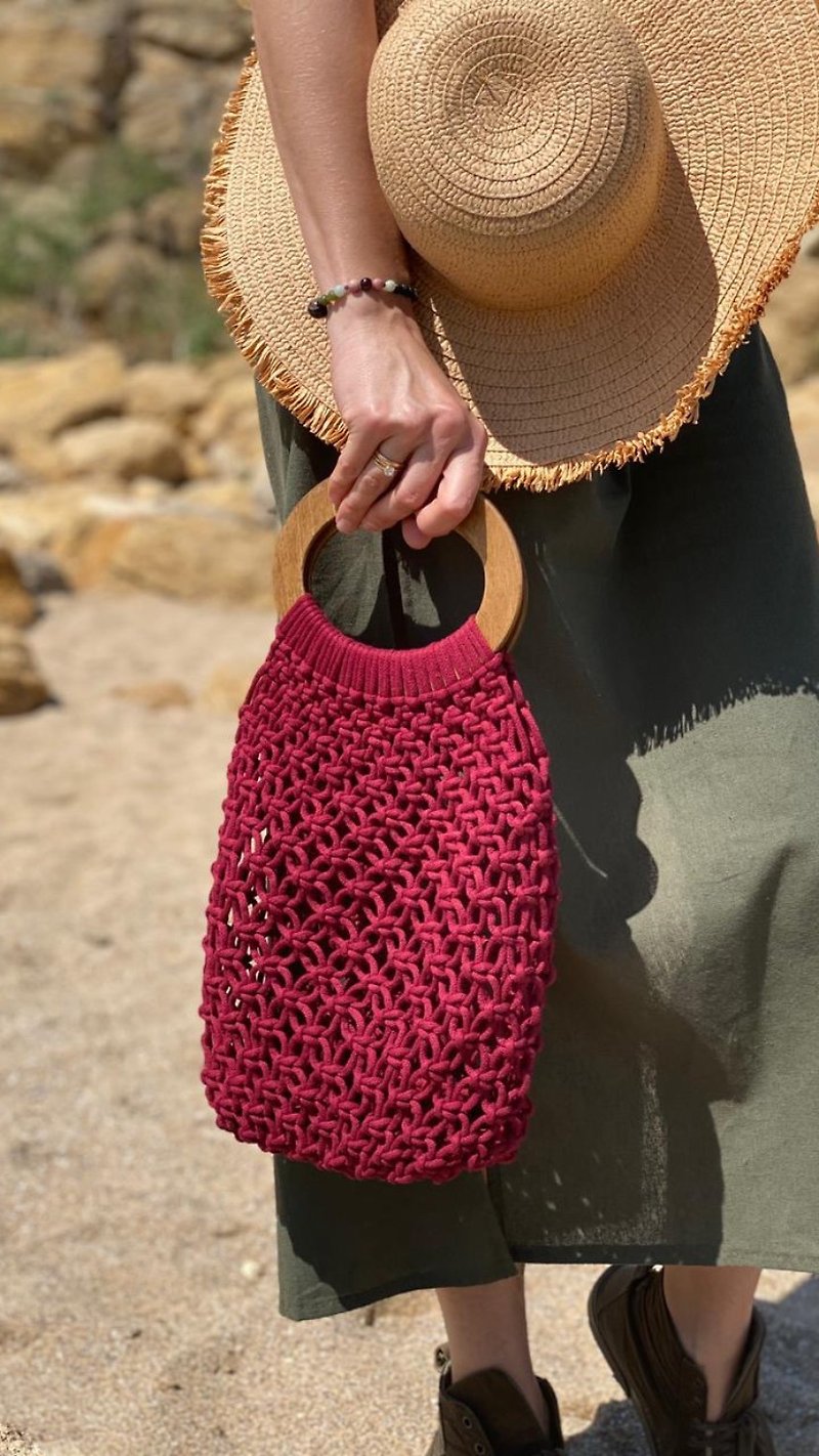 Bag, tote bag, red net bag, macrame bag, crochet bag/color customization - 手袋/手提袋 - 棉．麻 紅色
