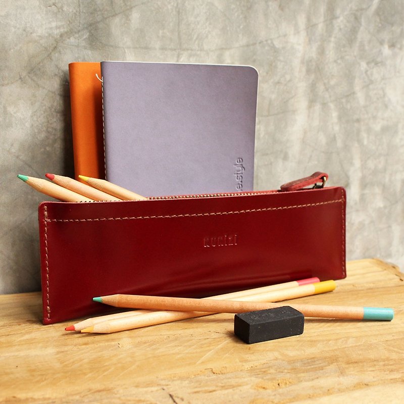 Pencil case - Pie สีแดง (Genuine Cow Leather) / Pen case / 筆盒 / Leather Case - กล่องดินสอ/ถุงดินสอ - หนังแท้ สีแดง