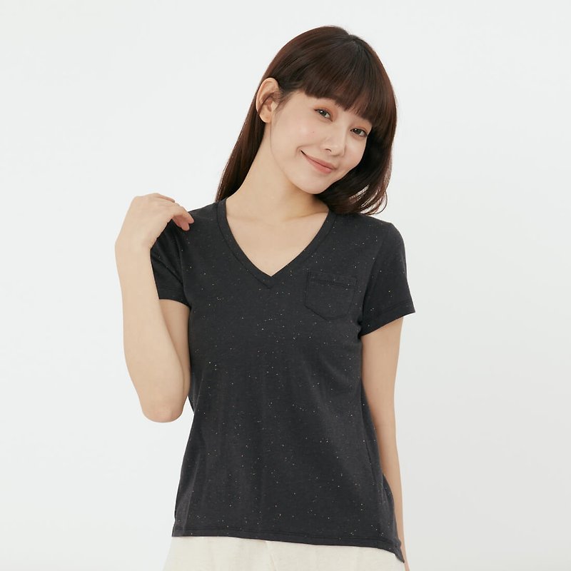 Nap Dots Cotton Fabric V-neck Swallowtail T-shirt Top Black - Women's T-Shirts - Cotton & Hemp Black