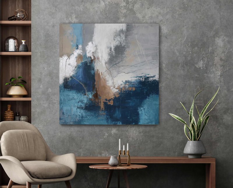 Blue Silver Painting |  Blue Silver Abstract | Blue Silver Wall Art | Wave 2 - 壁貼/牆壁裝飾 - 棉．麻 藍色