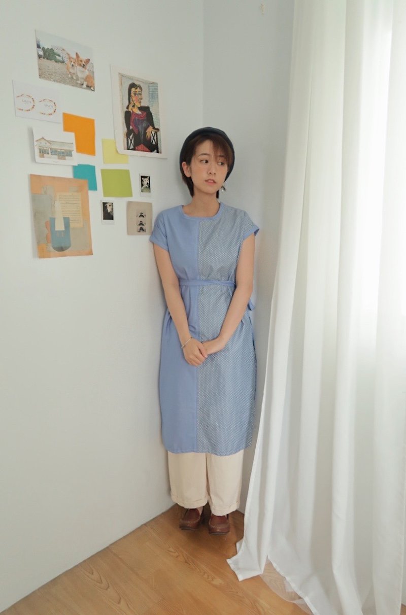 Gentle water blue stitching dress (with straps) - ชุดเดรส - ผ้าฝ้าย/ผ้าลินิน สีน้ำเงิน