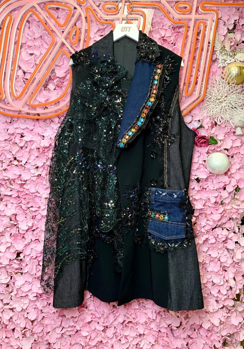 OTT Unique•Unique cool ethnic black and blue embroidered sequined two-color denim suit jacket - เสื้อสูท/เสื้อคลุมยาว - ผ้าฝ้าย/ผ้าลินิน สีดำ