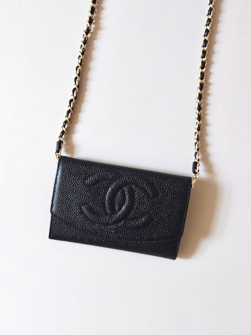 [LA LUNE] Second-hand Chanel black caviar cross-body shoulder bag mid-length clip handbag side - Messenger Bags & Sling Bags - Genuine Leather Black