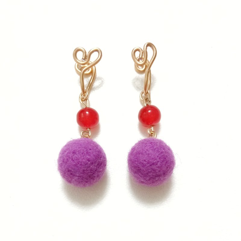 Big red and purple wool felt aluminum wire Clip-On earrings - ต่างหู - ขนแกะ สีม่วง