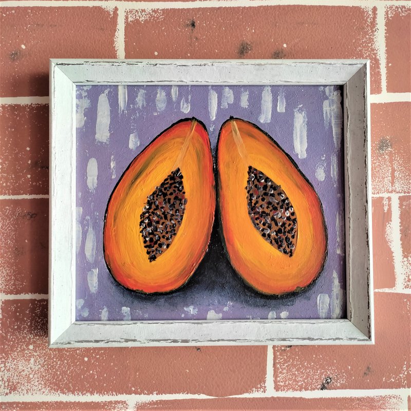 Papaya original painting in a frame / Exotic fruit painting kitchen wall decor - 壁貼/牆壁裝飾 - 壓克力 多色