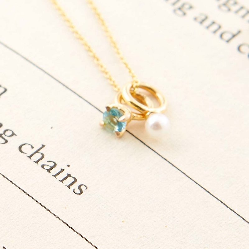 K14 Mini Mother and Child Ring Chain (Aquamarine) - Necklaces - Precious Metals Gold
