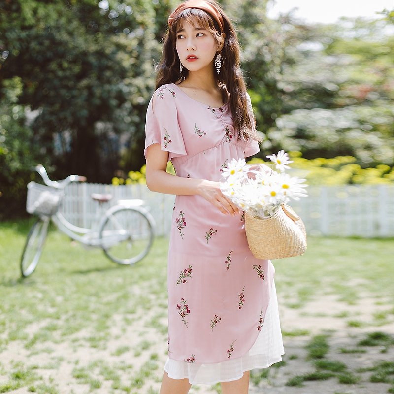 アン陳2018夏の新しいスタイルの芸術の女性の偽の2ピースの刺繍ドレスドレス - ワンピース - ポリエステル ピンク