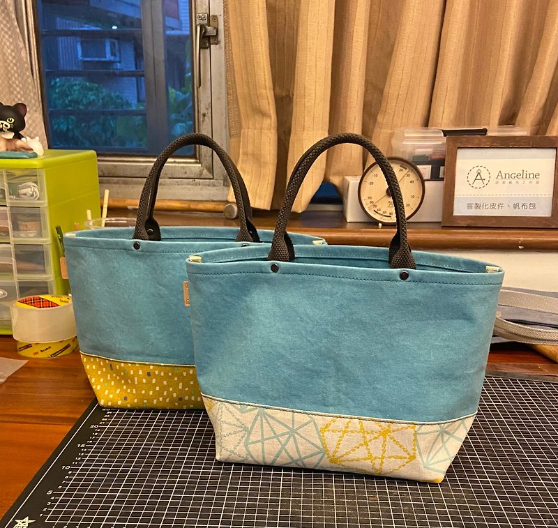 棉．麻 手提包/手提袋 藍色 - 寬寬的底-日本棉布水洗便當袋