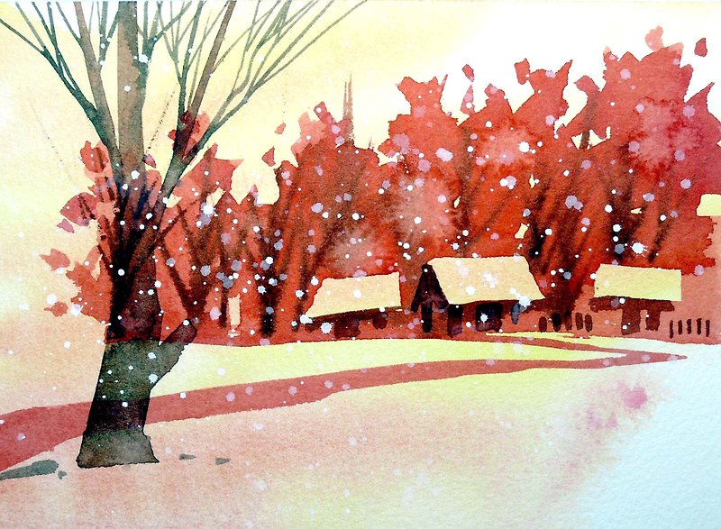 桜のレッドシリーズ492-水彩手描き限定版ポストカード/クリスマスカード - カード・はがき - 紙 レッド