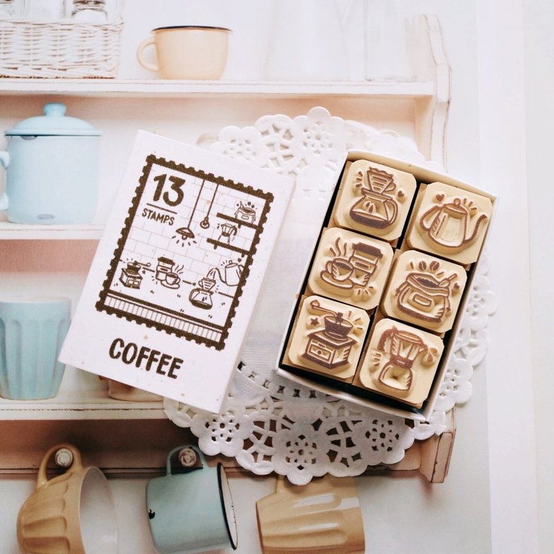 Handbook stamp- V13 coffee series matchbox small seal 2X2cm (6 styles) - ตราปั๊ม/สแตมป์/หมึก - ยาง สีนำ้ตาล