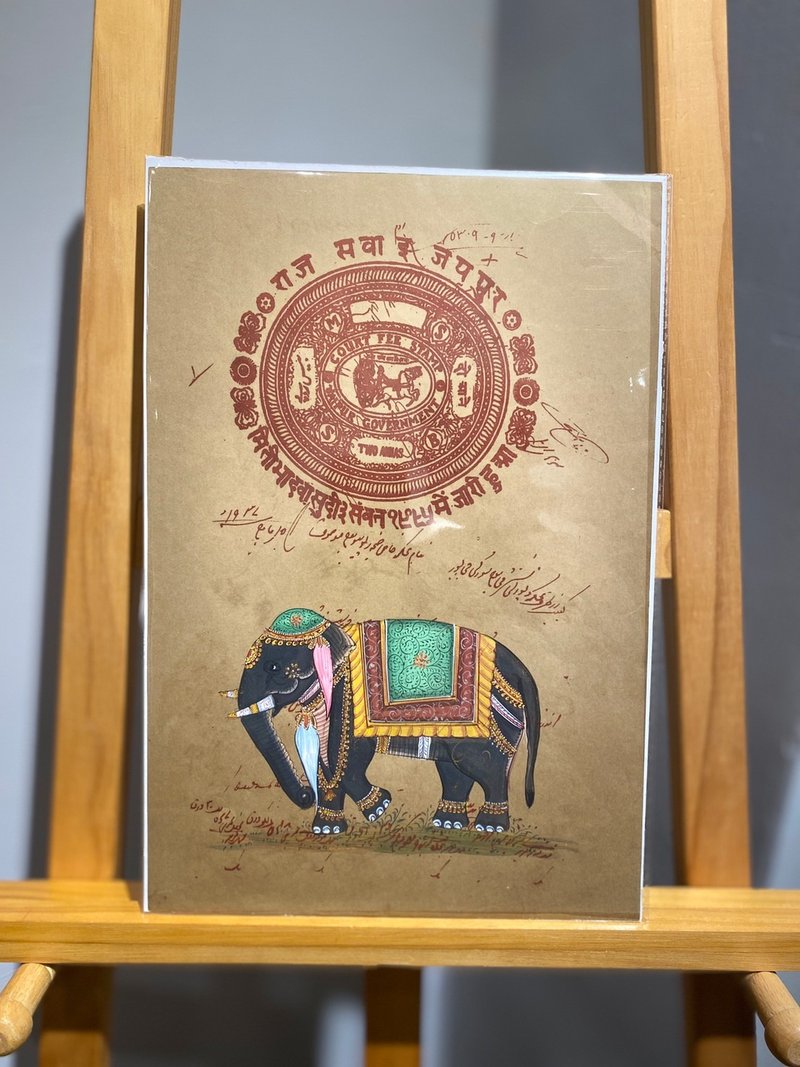 Vintage印度舊印花稅票紙細密畫 - 印度象 - 古董antique - 海報/掛畫/掛布 - 紙 咖啡色