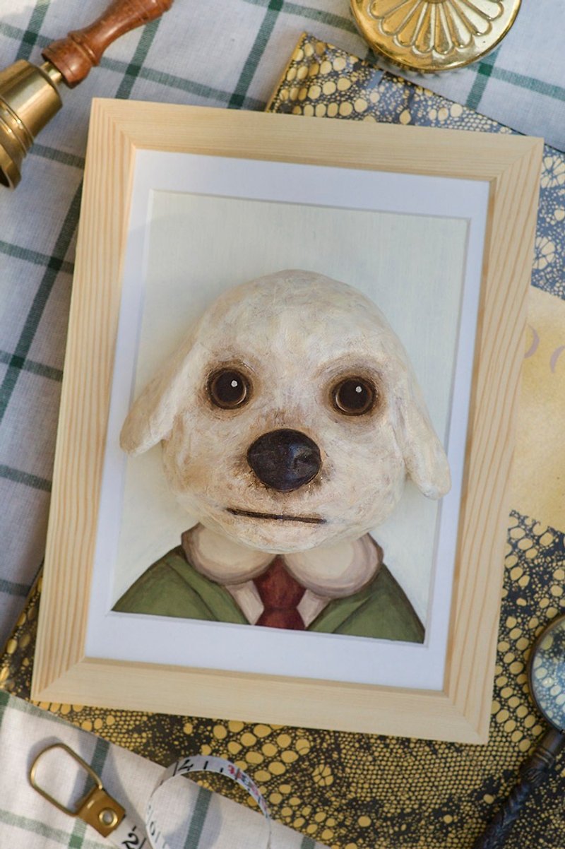 Paper dog head with wooden photo frame - โปสเตอร์ - กระดาษ ขาว