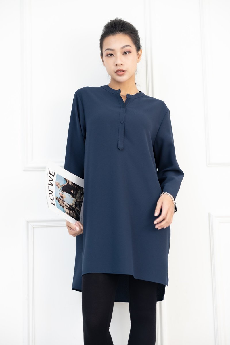 半開襟長袖長版上衣 墨綠色 - 女上衣/長袖上衣 - 其他材質 綠色