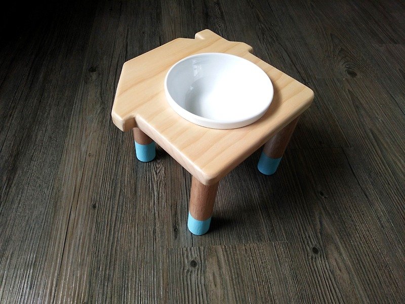 原木手作 毛小孩餐桌〔給牠一個家〕系列．水藍款　 (含客製化姓名) - 寵物碗/碗架 - 木頭 咖啡色