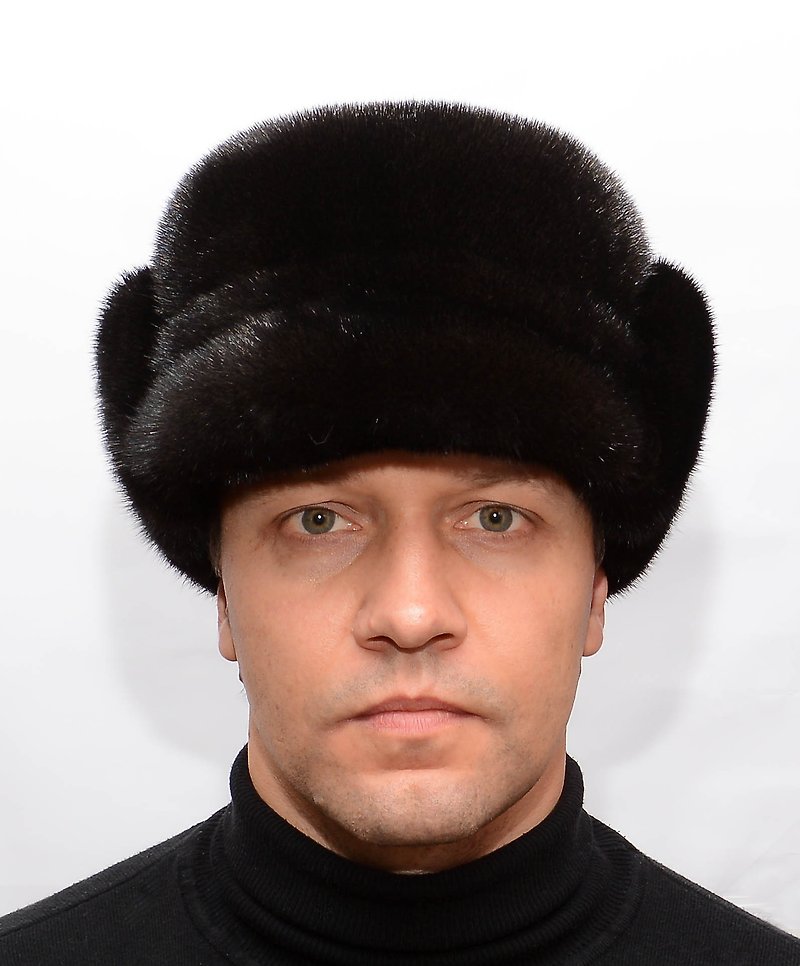 Men Fur Cap Finka Made of 100% Winter Warm Real Luxury Mink Fur Hat - หมวก - ขนแกะ สีดำ