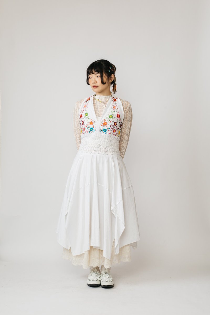 墨西哥刺繡綁帶洋裝.Mexican Folk Halter Dress【初戀販賣所】 - 連身裙 - 棉．麻 白色