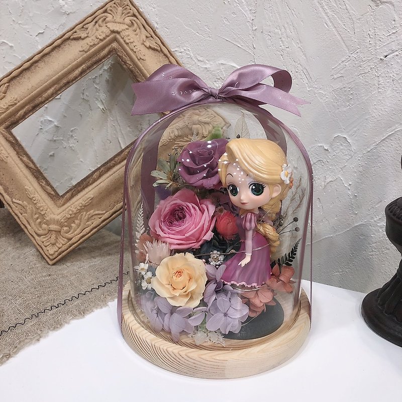 【Encounter Forever】Disney Princess Immortal Rose Glass Cover with Light and Lettering with Box - ช่อดอกไม้แห้ง - พืช/ดอกไม้ หลากหลายสี