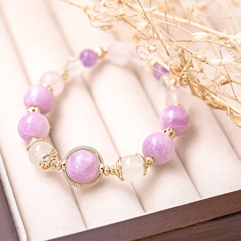 Accompany each other. Kunzite rose quartz 14K gold bracelet. Heal trauma/increase creativity/good popularity - Bracelets - Crystal Purple