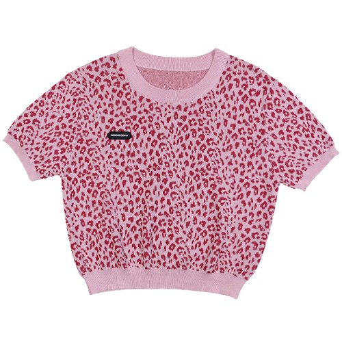 ziziFei新しいショートニットTシャツピンクヒョウ柄半袖Tシャツ