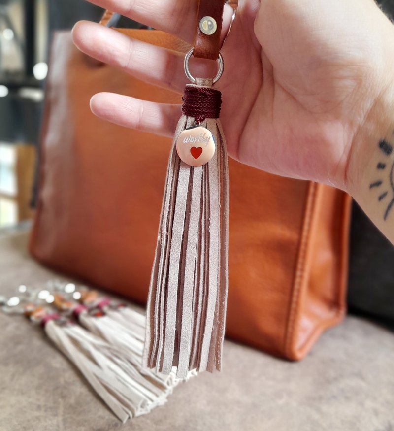 Beige Leather Tassel Bag Charm with Engraved Stainless Steel Worthy Pendant - พวงกุญแจ - หนังแท้ สีเงิน