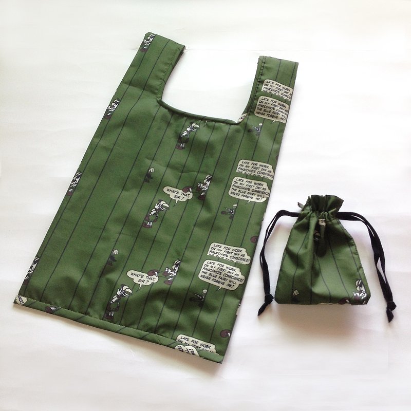 Retro cartoon straight stripe water repellent two catty shopping bag - กล่องเก็บของ - วัสดุกันนำ้ สีเขียว