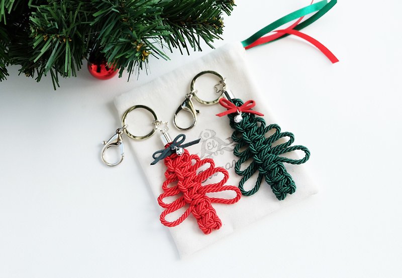 Christmas gift collection , Red Christmas Tree keychain with green bow and silver bell - ที่ห้อยกุญแจ - วัสดุอื่นๆ สีแดง