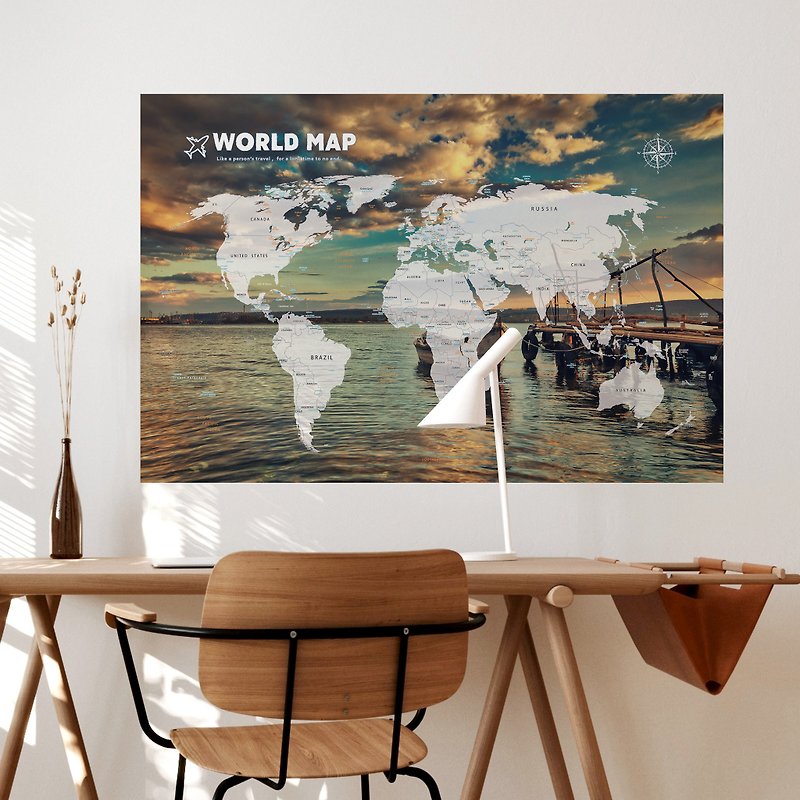 【輕鬆壁貼】世界地圖/黃昏港口 - 無痕/居家裝飾 - 壁貼/牆壁裝飾 - 聚酯纖維 