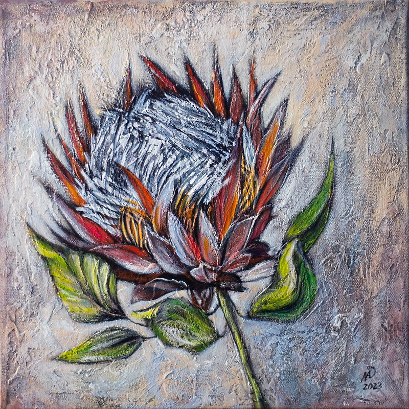 Original Protea Flower Textural Hand-painted Acrylic Painting Floral Artwork - ตกแต่งผนัง - วัสดุอื่นๆ 