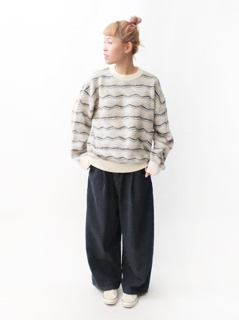 【RE1208SW036】日本製森林系米色幾何針織羊毛寬鬆古著毛衣 - 女毛衣/針織衫 - 紙 白色