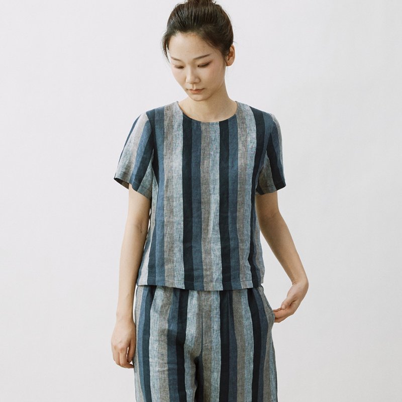 色織亞麻短袖Tee  復古套頭衫  SH200156 - 女 T 恤 - 棉．麻 灰色
