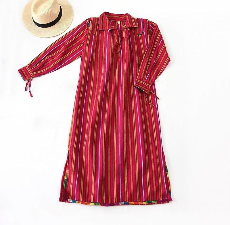 中央アメリカの手織りのアンティーク長袖ドレス - ワンピース - コットン・麻 