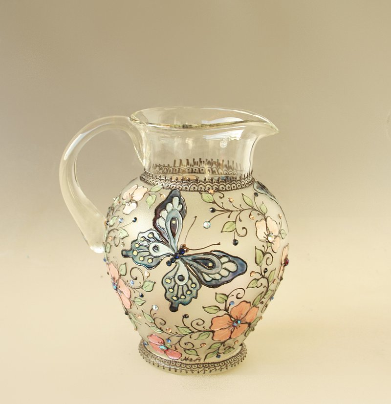 Retro Pitcher Blue Butterfly Wildflowers SWAROVSKI Crystals Hand-painted - 茶壺/茶杯/茶具 - 塑膠 藍色