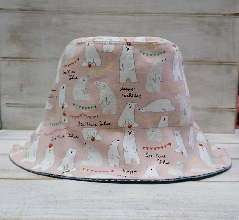 Light pink polar bear daily & denim blue double fisherman hat sun hat - Hats & Caps - Cotton & Hemp Pink