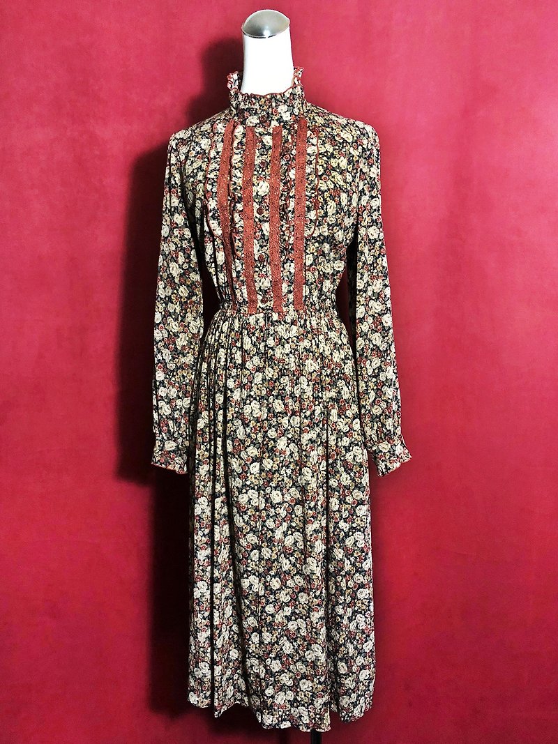 時候古著/ 古典荷葉領織紋花朵古董洋裝 - 連身裙 - 聚酯纖維 咖啡色