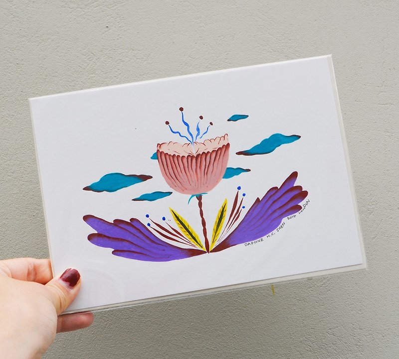 和風レトロな花柄の楽しい手のイラスト - ポスター・絵 - 紙 パープル