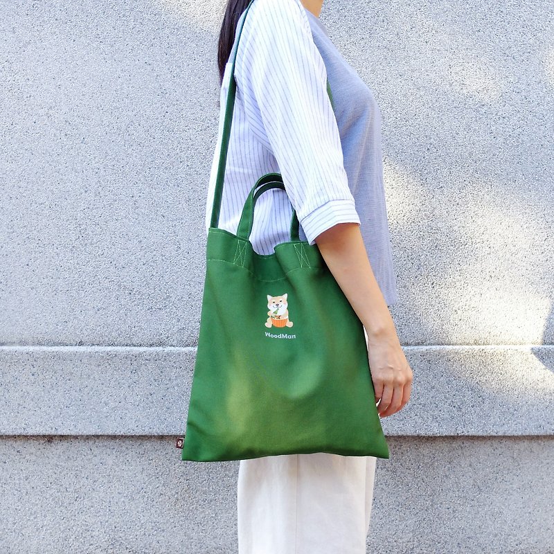 Chai Chai loves picnic, three-purpose canvas bag - กระเป๋าแมสเซนเจอร์ - ผ้าฝ้าย/ผ้าลินิน สีเขียว