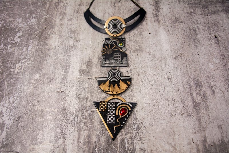 Black Statement necklace geometrical gold and silver Bib necklace wearable art - Necklaces - Plastic Silver