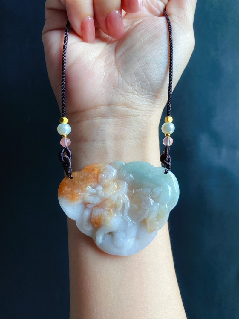 天然緬甸玉翡翠 麒麟 天然三彩 財富 吉祥 圓滿 平安 項鍊 禮物 - 項鍊 - 玉石 綠色