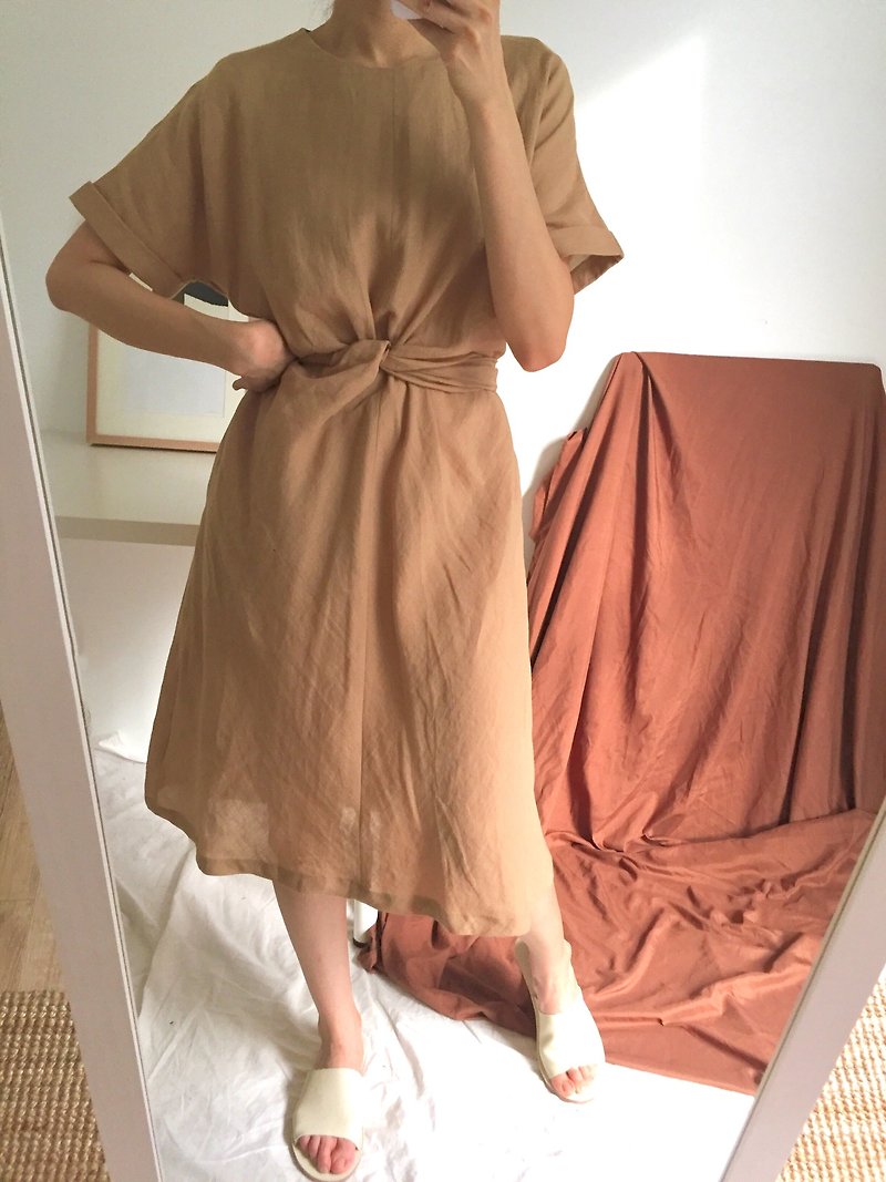 Berry Dress 大地色亞麻及膝前綁帶洋裝 (可訂做顏色) - 洋裝/連身裙 - 棉．麻 