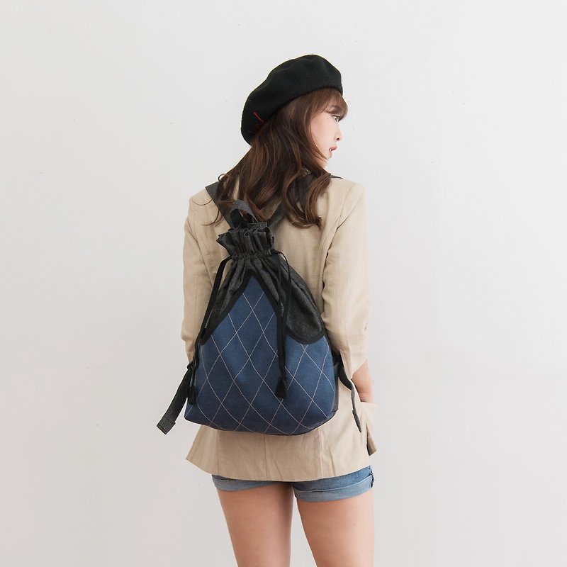 Backpack women Drawstring Bags - กระเป๋าเป้สะพายหลัง - ผ้าฝ้าย/ผ้าลินิน สีน้ำเงิน