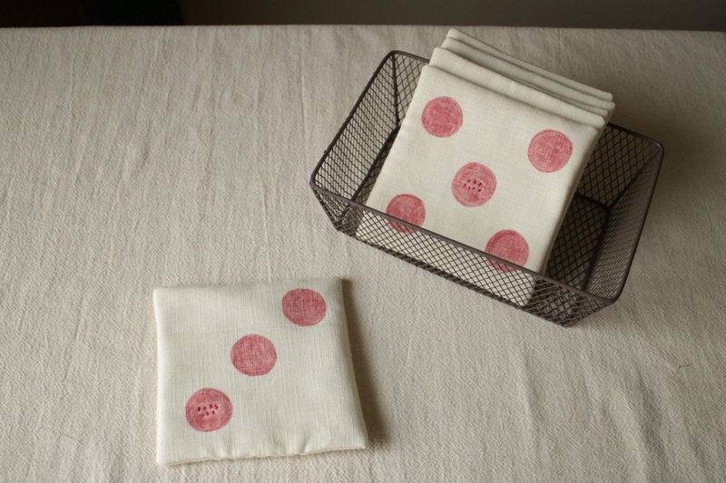 Square Dice Embroidered Coaster/ Rice Base Pink Dots - ที่รองแก้ว - งานปัก ขาว