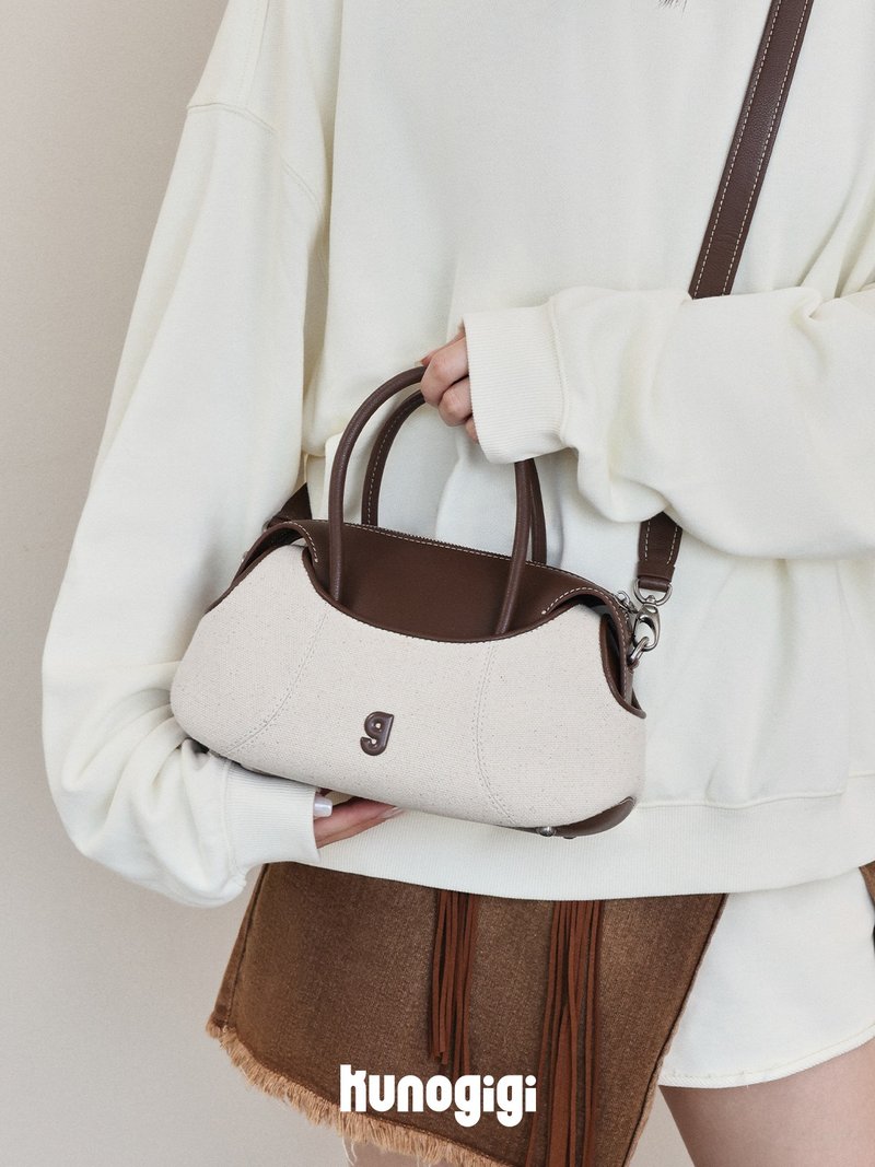 Canvas White Small Baseball Boston Bag Cowhide Genuine Leather Handbag Shoulder Bag Underarm Bag KUNOGIGI - Messenger Bags & Sling Bags - Other Materials White