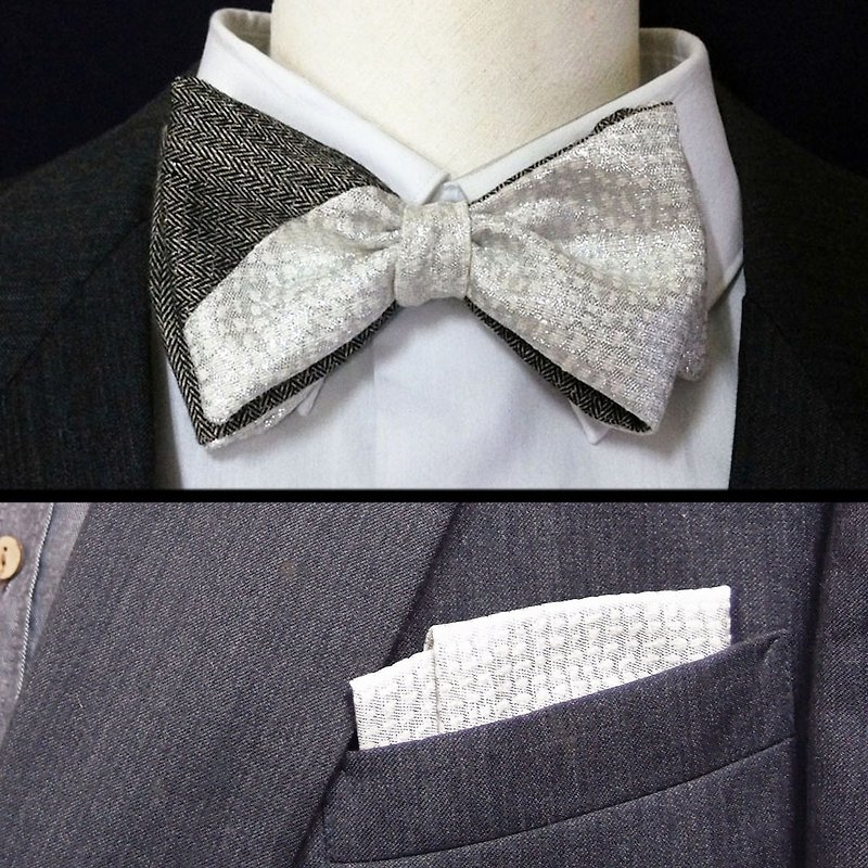 Elegant silver-white-gray bow tie Bow tie + fake pocket square pocket square whole set special offer - หูกระต่าย/ผ้าพันคอผู้ชาย - ไฟเบอร์อื่นๆ ขาว